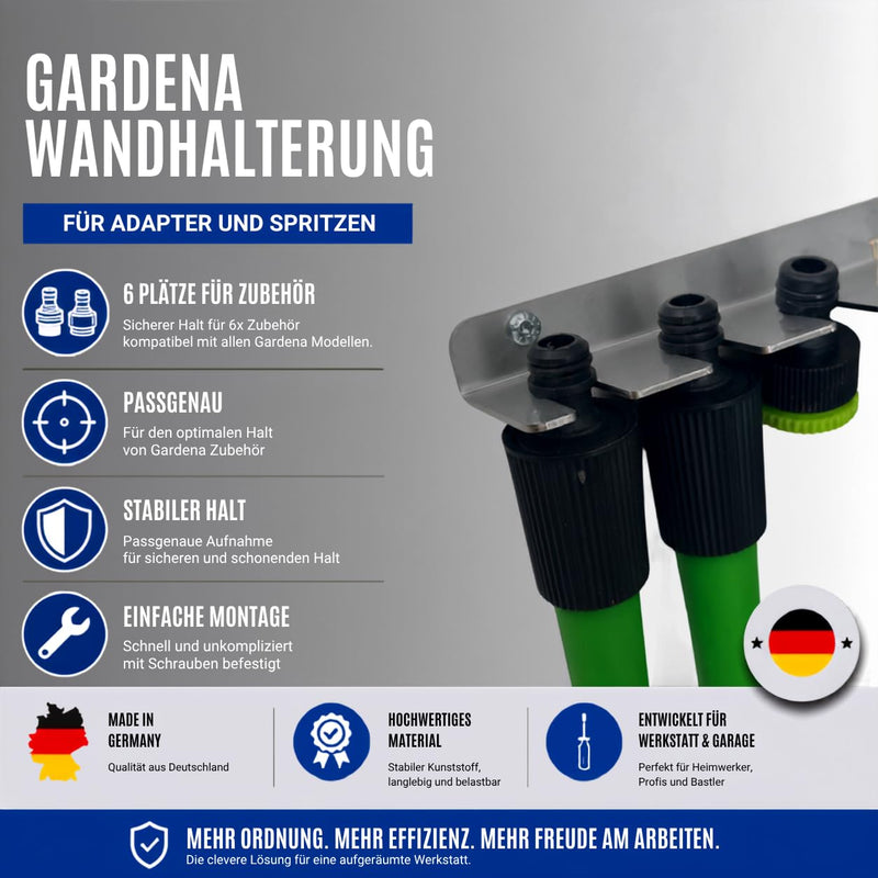 Stainless Steel Wall Mount for 6 Gardena Hoses, Adapters, Devices, Syringes