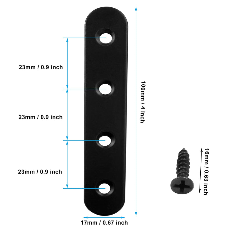 [Australia - AusPower] - Hordion 12Pcs 4 Inch Straight Bracket Stainless Steel Brace, Flat Mending Plate Fixing Bracket Connector with Screw for Cabinet Furniture Joining Plate, Black 4"-100mm 