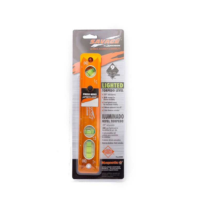 [Australia - AusPower] - Swanson Tool Co TLL049M Savage Lightning Aluminum Torpedo Magnetic Illuminated Levels, 9", 3 Vials 9" 9" Illuminated Magnetic 