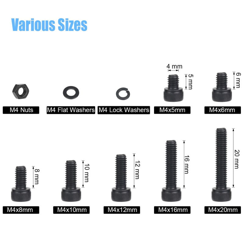 [Australia - AusPower] - 386 Pieces M4 Black Screws, 12.9 Grade Alloy Steel M4x 5/6 /8/10 /12/16 /20mm Hex Socket Head Cap Screws Bolts Nuts Washers Assortment Kit 