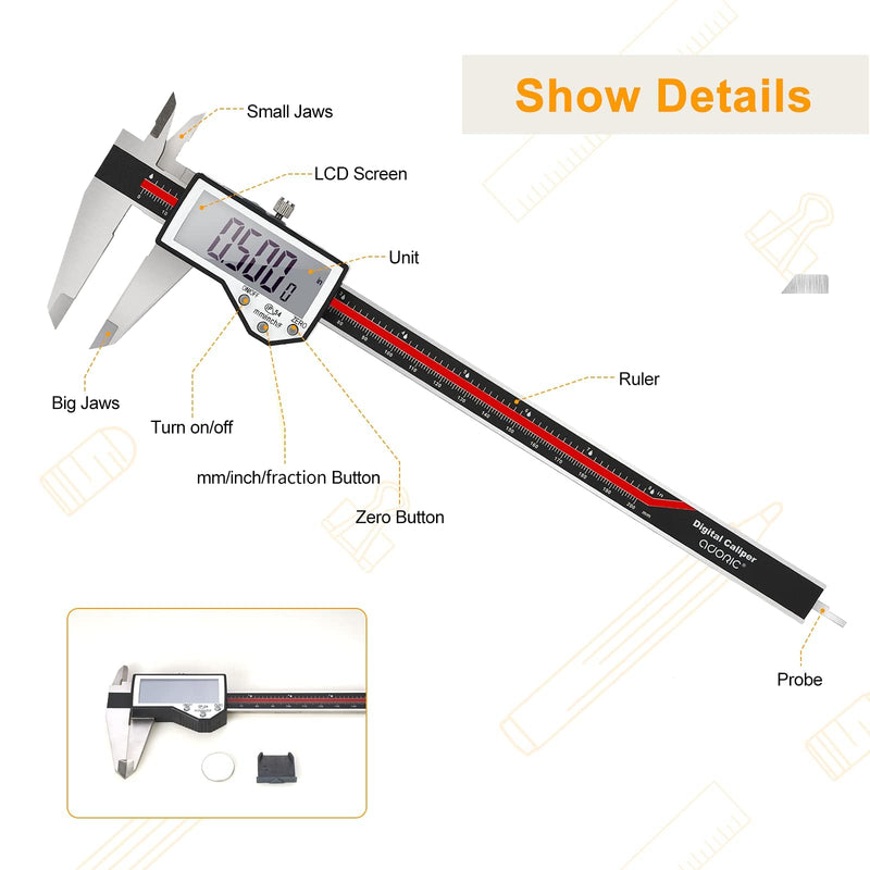 [Australia - AusPower] - Digital Caliper, 8" Caliper Measuring Tool Extreme Accuracy Waterproof Electronic Vernier Caliper Industrial Stainless Steel Digital, Durable Measuring Tool with Large LCD Screen 8" Red Stainless Steel 