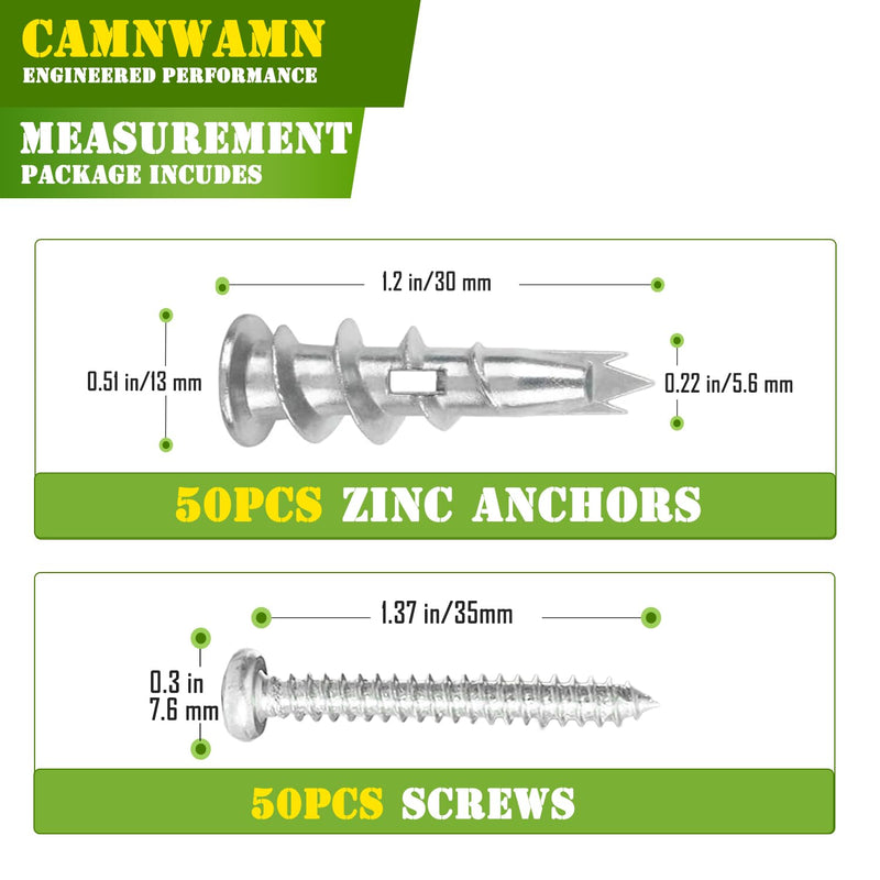 [Australia - AusPower] - #8 Zinc Metal Self-Drilling Drywall Anchors, 100pcs (50 Anchors+50 Screws) Hollow Metal Wall Anchors and Screws Kit with Cross Groove Drill Bit, 50pcs Heavy Duty Anchors 50pcs #8 x 1-1/4" Screws 100 