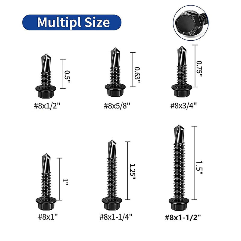 [Australia - AusPower] - 100 PCS 410 Stainless Steel #8X5/8" Self Tapping Screws for Metal, Self Drilling Screws Assortment Kit, Black Oxide. (HEX #8X5/8") HEX #8X5/8" 