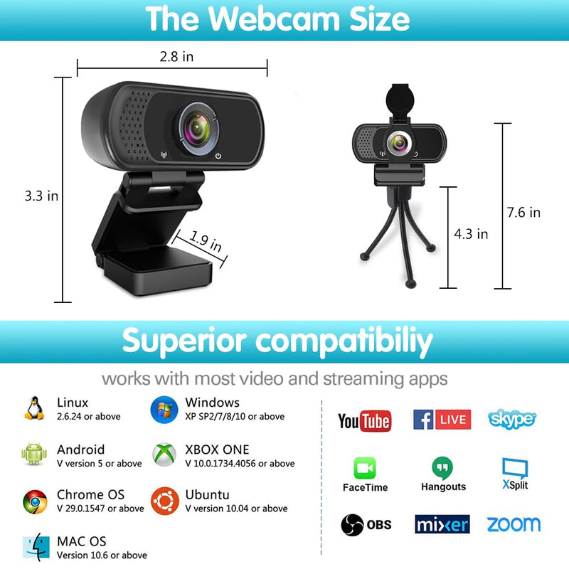 [Australia - AusPower] - Webcam HD 1080p ,Live Streaming Web Camera with Stereo Microphone, PC Desktop or Laptop USB Webcam with 110 Degree View Angle, HD Webcam for Video Calling, Recording, Conferencing, Streaming, Gaming Black 