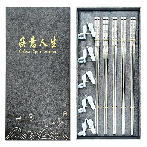 Premium 316 Medical Grade Stainless Steel Chopsticks 5 Pairs And Set with 5 Chopstick Helpers,Metal, Training For kids and Adults，Luxury Gift Box with Gold Design