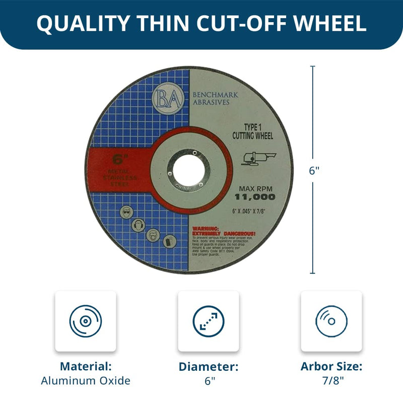 [Australia - AusPower] - Benchmark Abrasives 6" Aluminum Oxide Quality Thin Cut Off Wheel for Metal and Stainless Steel .045" Thick 7/8" Arbor, Angle Grinder Wheel, Grinder Cutting Wheel - 25 Pack 6" | 25 Count 