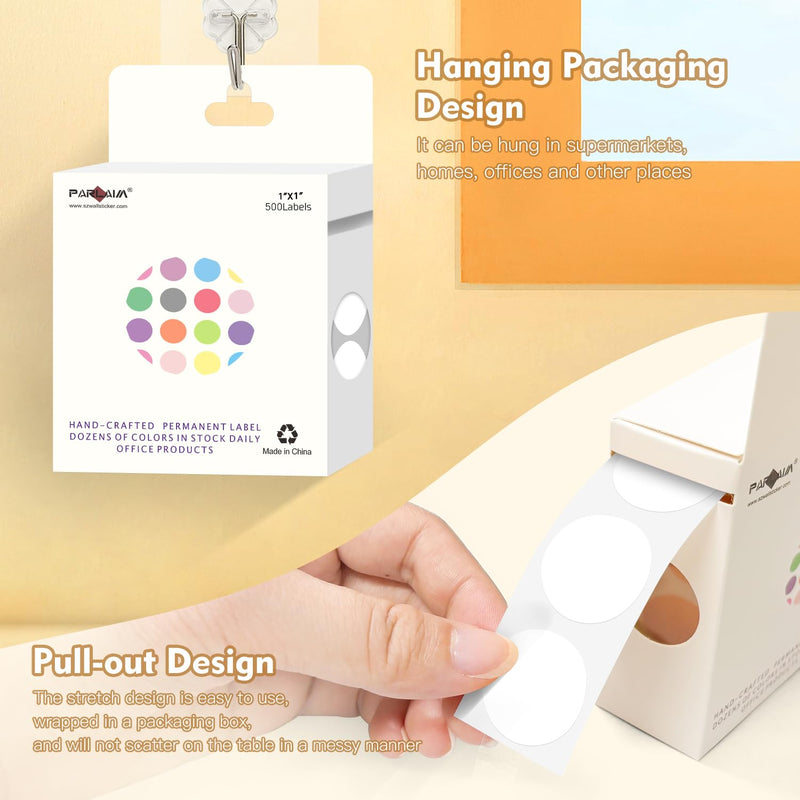 PARLAIM White Dot Sticker 1 inch 500Pcs Round Color Code Label Circle Dots w/Hanging Box for Home,Inventory,Business 1 Roll-500PCS