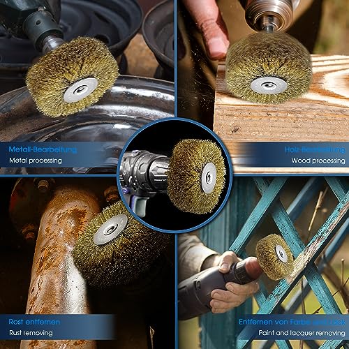 S&R Steel Wire Round Brush Grinding Brush Brass 80 mm x 35 mm | Brass Plated Wood Texture Brush, 0.25 mm Corrugated, Round Shaft 8 mm, Wire Brush for Wood, Metal, Stainless Steel, Plastics 80x35 mm