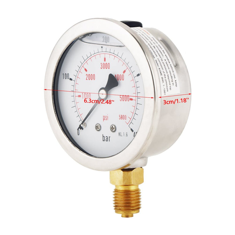 [Australia - AusPower] - Hydraulic Pressure Gauge, 0-400Bar / 0-5800PSI G1/4 63mm Plumbing Industrial Manometer Dial Pressure Gauge Meter for Water Oil Fuel 