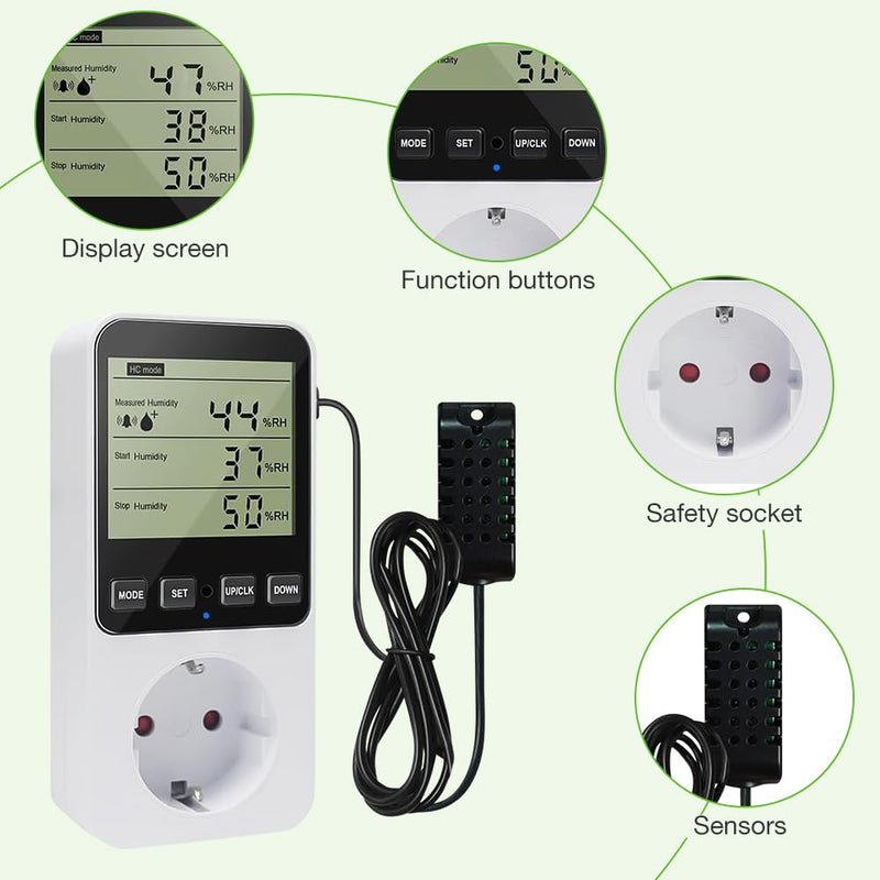 [Australia - AusPower] - Humidity Controller, Temperature Controller Socket 230 V, Humidity Controller with 3 m Sensor, Digital Thermostat Socket with LCD Screen, Temperature Switch for Humidifier, Dehumidifier 