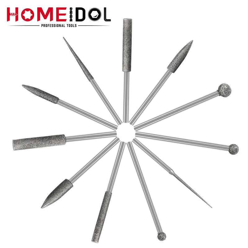 [Australia - AusPower] - Stone Carving Set Diamond Burr Bits Compatible with Dremel, 11PCS Polishing Kits Rotary Tools Accessories with 1/8 Shank for Carving, Engraving, Grinding, Stone, Rocks, Jewelry, Glass, Ceramics 0.5-6mm burr head 1/8'' shank 