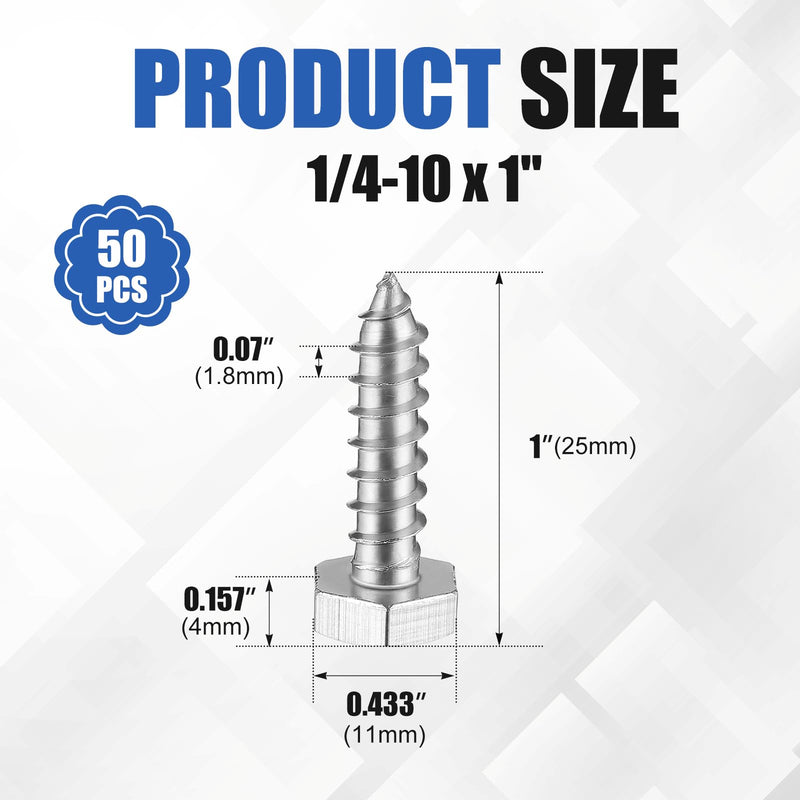[Australia - AusPower] - Zonon 50 Pcs 1/4" x 1" Hex Head Lag Screws 304 Stainless Steel Lag Bolts Heavy Duty Hexagon Head Wood Screws 1/4" X 1" 
