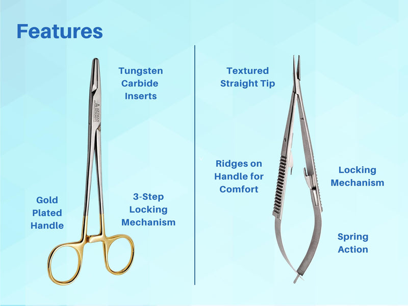 [Australia - AusPower] - Bundle of Mayo Hegar Needle Holder 6" Gold Plated Handle with Tungsten Carbide Inserts & Castroviejo Scissors 5.5" Straight Locking Needle Holder Extra Sharp Spring Action by Artman Instruments 
