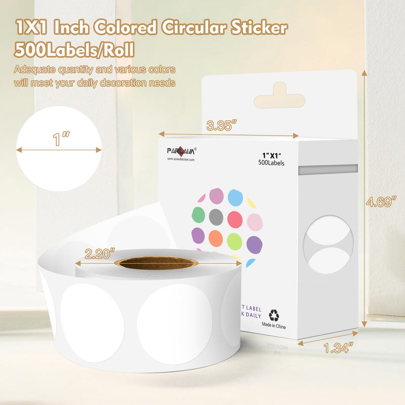 PARLAIM White Dot Sticker 1 inch 500Pcs Round Color Code Label Circle Dots w/Hanging Box for Home,Inventory,Business 1 Roll-500PCS