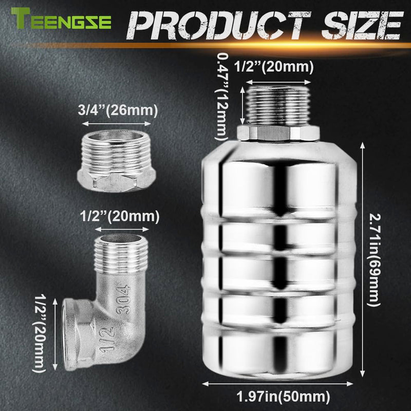 [Australia - AusPower] - 2Pcs Automatic Water Level Control Float Valve 304 Stainless Steel, 2Pcs 1/2" & 3/4" Straight/Elbow Fittings with 2 Feed Strip for Water Tanks, Pools, Livestock Troughs (0.2-10Pa, Food Grade) 
