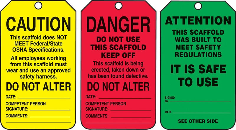 Accuform TSS200PTM RP-Plastic Scaffold Status Tag, Legend "Danger/Caution/Attention", 5.75" Length x 3.25" Width x 0.015" Thickness, Black on Green/Yellow/Red (Pack of 5)