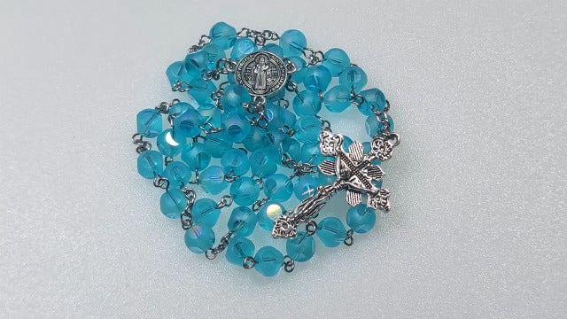 Rosary Beads Chaplet 6 Sided cut Dazzle Artificial Crystal Glass Rosery Cross Catholic gifts Blue