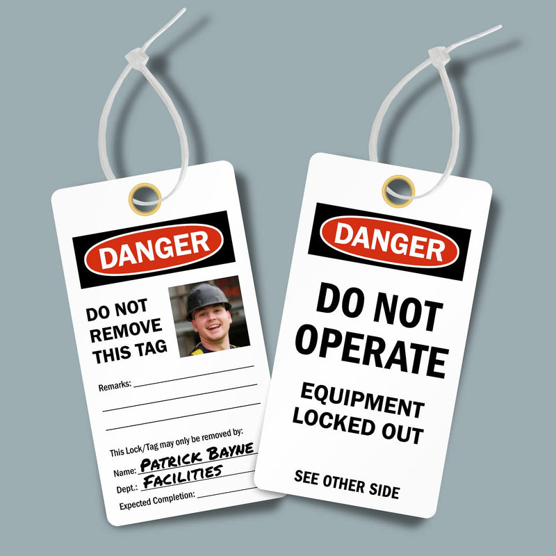 SmartSign Do Not Operate - Equipment Locked Out 2 - Sided Photo Lockout Tag | 6" x 3.25" Vinyl with Self-Laminating Clear Flap, Pack of 25
