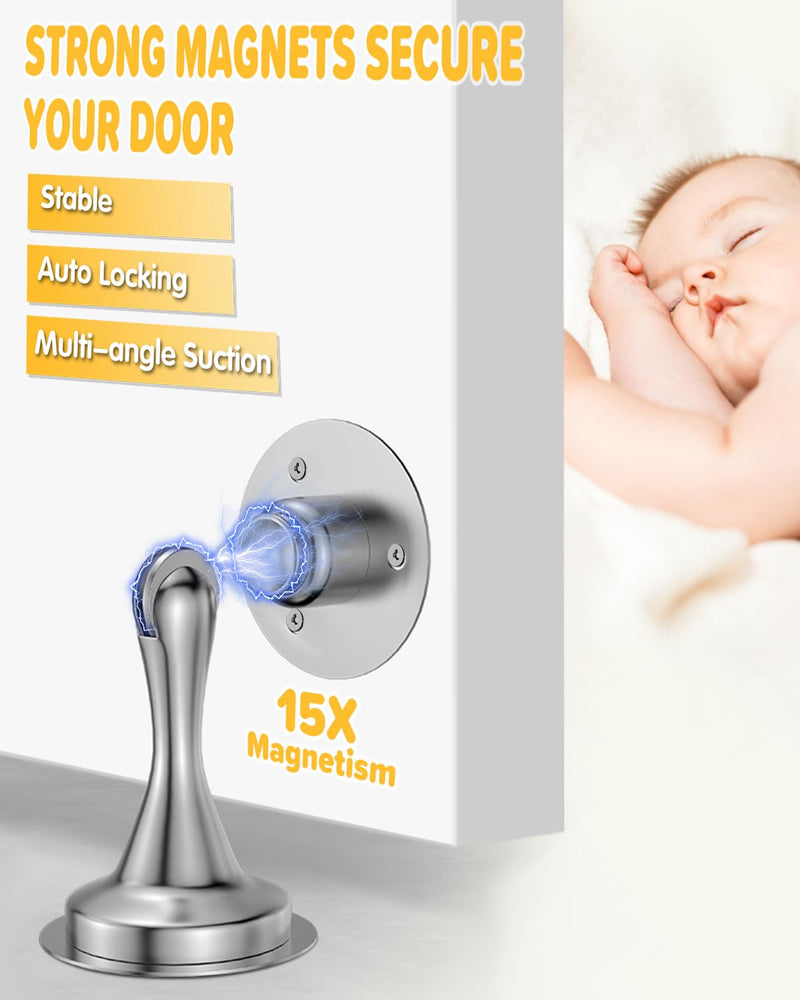 [Australia - AusPower] - Door Stoppers Magnetic Door Catch - 2 Pack Stainless Steel Heavy Duty Door Holder Stops for Bottom Top of Door - Wall Floor Mounting No Drill 3M Adhesive & Screws Strong Magnet Keep Door Open Silver 