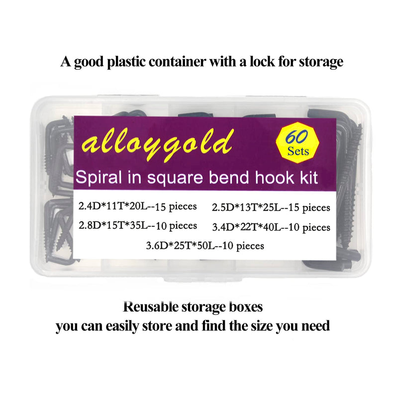 [Australia - AusPower] - 60 pieces 5 sizes Gun Black spiral in square bend hook kit, galvanized square bend hook self tapping screw hook for home/workplace/office Black60pcs5size 