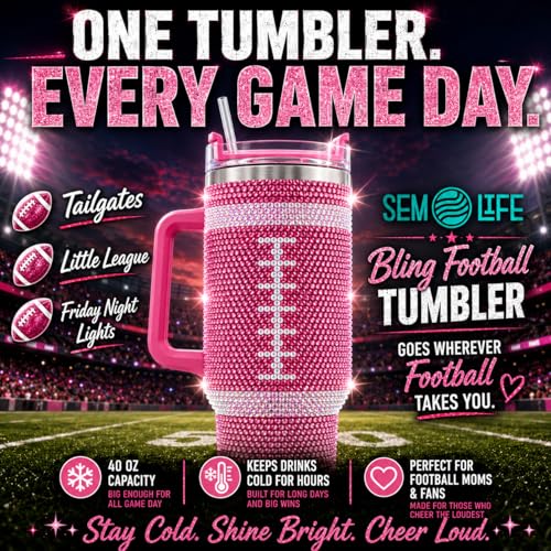 Pink Football 40 Oz Rhinestone Bling Tumbler Cup with Handle and Straw