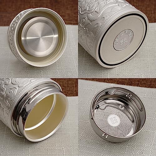Chinese style 999 silver hot water bottle 11.8oz insulated stainless steel thermos keeps liquids hot and cold, leak proof and double walled design (silver (color)) silver (color)