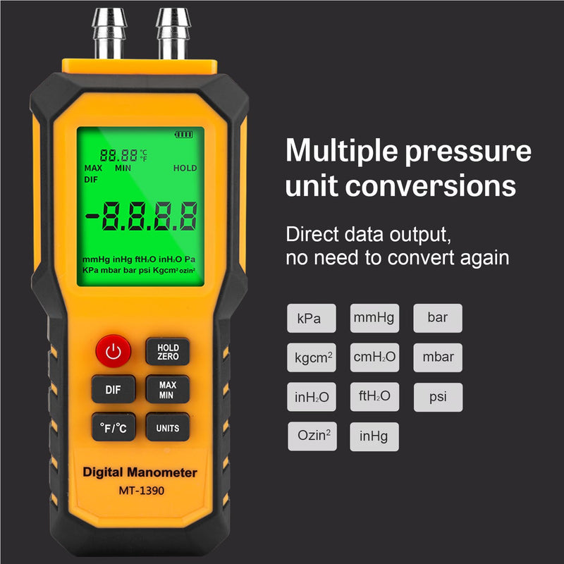 [Australia - AusPower] - 5/16 Inches Diameter Pressure Port Digital Manometer, YZT Meter Dual Port Air Pressure Meter Pressure Gauge HVAC Gas Tester, Differential Pressure Manometer 5/16 Inches Diameter Port 