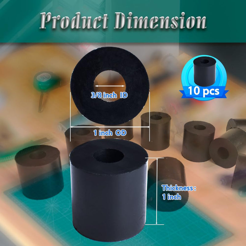 [Australia - AusPower] - 10Pcs Rubber Spacer 1 Inch OD x 3/8 Inch ID x 1 Inch Thickness Multi Purpose Rubber Bushing Heavy Duty Abrasion Resistant Thick Rubber Washers for Bolts, Car, Motor, Household Appliances 3/8"ID x 1"OD x 1" Thickness 