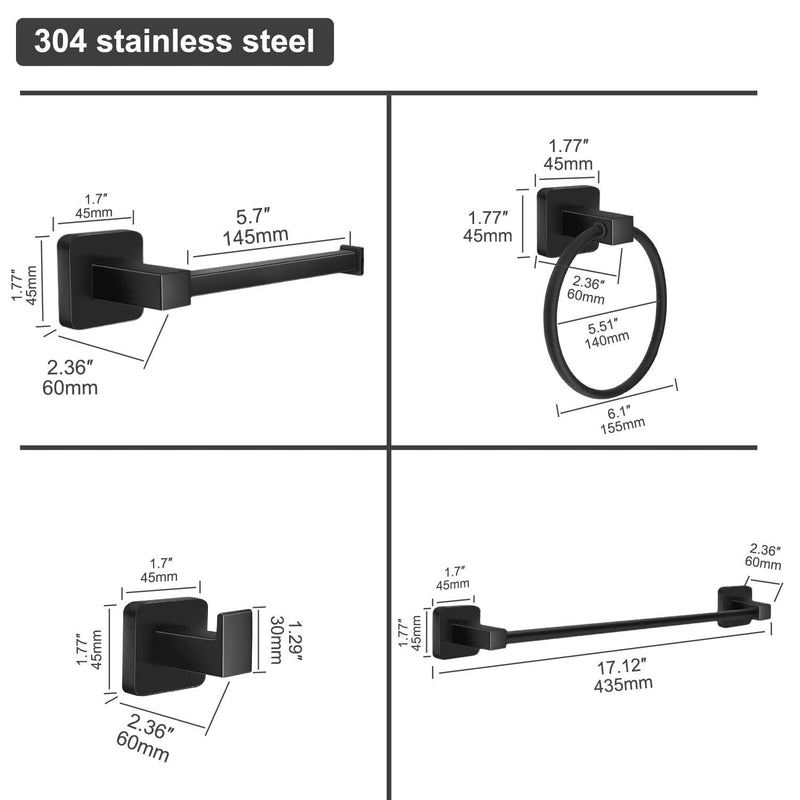 Matte Black Bathroom Hardware Set 4 Pieces,Towel Bar Set Includes 17In Hand Towel Bar, Towel Ring, Robe Towel Hooks,Toilet Paper Holder, Bathroom Towel Rack Set Matte Black