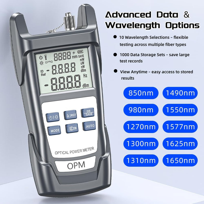 Fiber Optic Cable Tester & Power Meter - Portable Optical Light Meter with FC/SC/ST/LC Interfaces, (-70) dBm to (+10) dBm Range, 10 Wavelengths, LED Display - for Network Installation & Maintenance