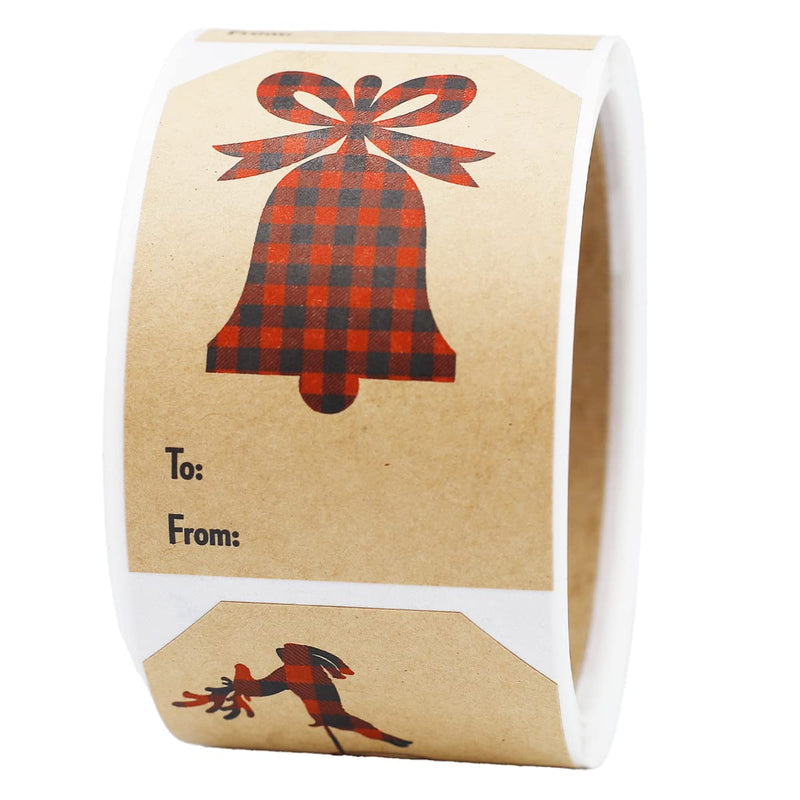 Plaid Christmas Silhouettes Brown Kraft Gift Tag Stickers – 2 x 3 Inch Holiday Labels, Set of 25 – 4 Festive Designs: Reindeer, Bell, Sleigh, Tree – Made in The USA