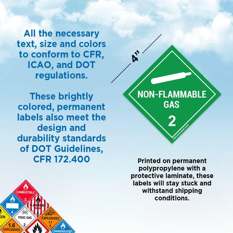 ChromaLabel 4 by 4 Permanent Durable Square D.O.T. Hazard Labels, Hazard Class 2 Non-Flammable Gas Label, 100/Roll 4" x 4"