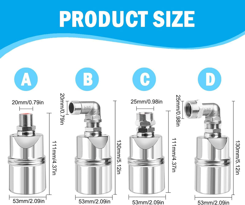 Auto Water Level Control Float Valve 1/2" 3/4" - 304 Stainless Steel, No Pump Needed for Water Tanks, Fish Ponds, Livestock Troughs, Hydroponics, Pool(2 Pack Long) 2 Pack