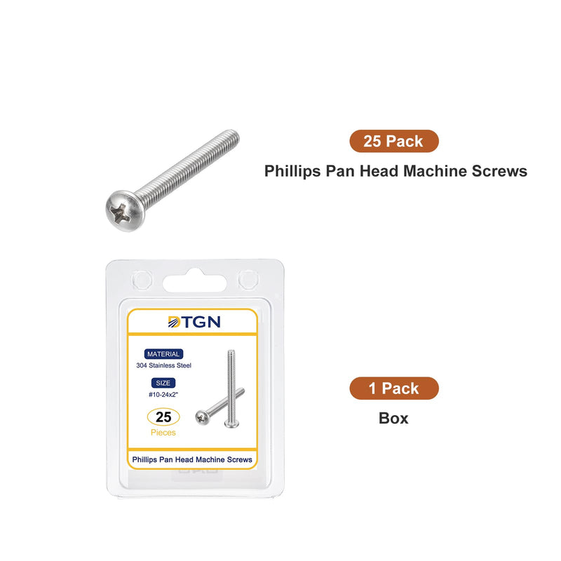 [Australia - AusPower] - #10-24x2 Pan Head Machine Screws, 25Pcs 304 Stainless Steel, Phillips Drive, UNC Full Thread, Bright Finish, Screws Bolts Kit #10-24x2" 25 