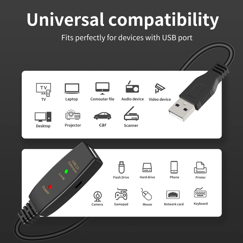 50FT Active USB Extension Cable 2.0 Male to Female with A Extension chipset Signal Booster - Active Extension/Repeate 50FT USB 2.0 Extension Cable Black
