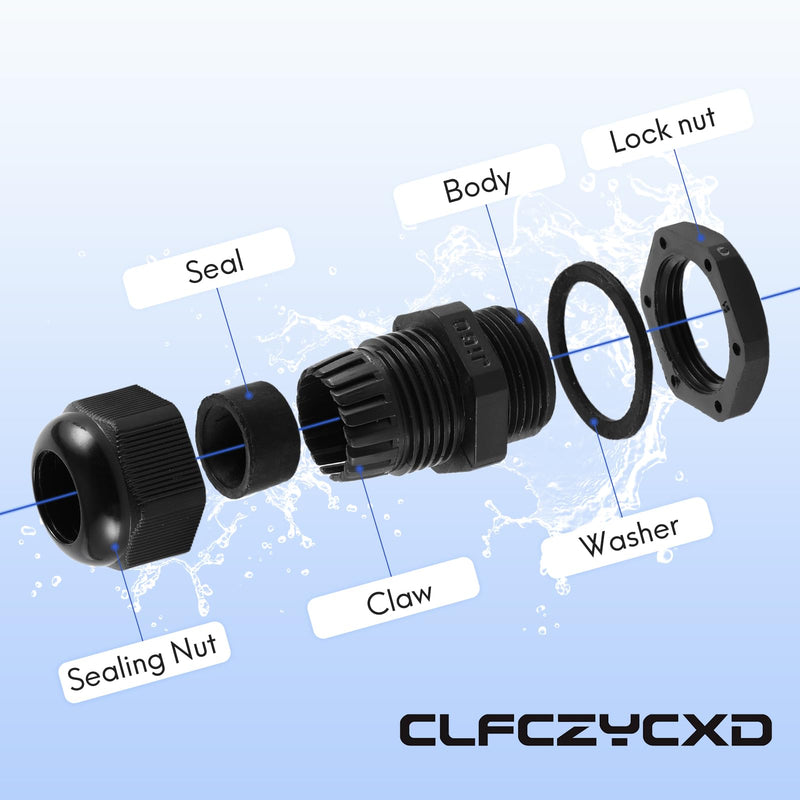 [Australia - AusPower] - CLFCZYCXD-PG7 Waterproof Cable Gland, 20 Pack, IP68 Rated, Adjustable 3-6mm Nylon Cable Glands with Gaskets for Outdoor, Industrial, and Marine Use, Black (PG7) PG7(20-Pack) 