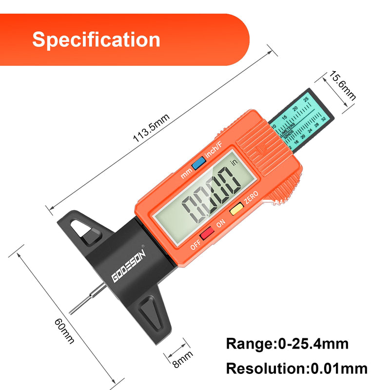 [Australia - AusPower] - GODESON Tire Tread Depth Gauge, Digital Tire Tread Depth Gauge with 3 Modes-Fractional Inch,Tire Tread Gauge with Color-Coded Bar,Tire Depth Gauge Suitable for All Vehicle Tires-Orange Orange 