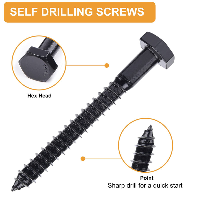 [Australia - AusPower] - 1/4" Hex Lag Bolts Stainless Steel 18-8 (304), VIGRUE 108PCS Black Oxidized, Hex Lag Screws Heavy Duty Wood Screws Washers Assortment kit, Length Include 1" 1-1/2" 2" 2-1/2" 3" 1/4 x 1" to 3" 