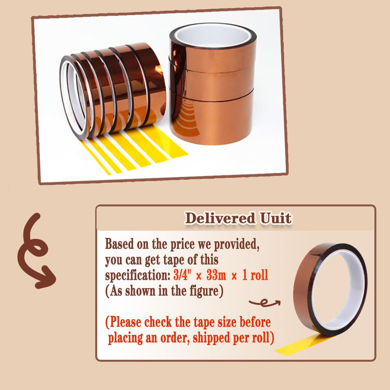 High Temperature Heat Resistant Polyimide Tape,No Residue for Masking,3D Printing,Sublimation Transfer Press,Thermal,Electronic Insulating,Soldering,Circuit Boards,Powder Coating(3/4''×33M×1Roll) 3/4''×33M×1Roll