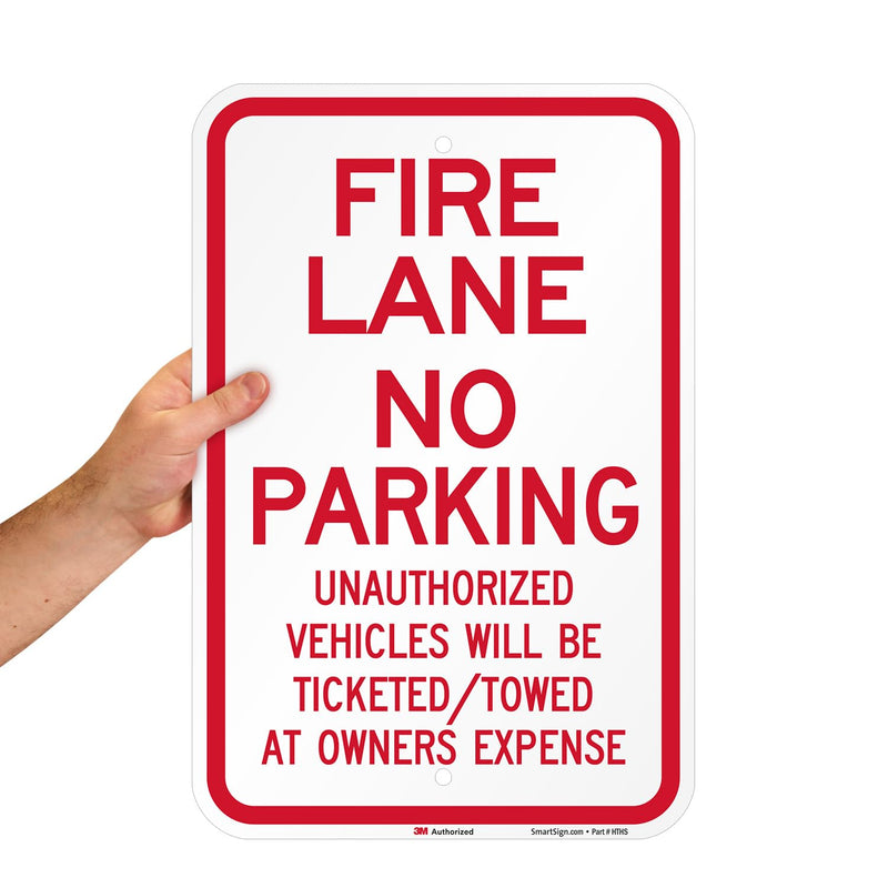 SmartSign Fire Lane No Parking Unauthorized Vehicles Towed Sign - 12" x 18", 120 mil Aluminum Composite (ACM), Engineer Grade Reflective Material, Red and White, Made in USA 12" x 18" ACM EG Reflective Aluminum
