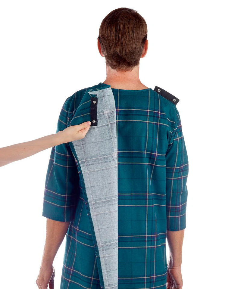 Silverts Men's Adaptive Open Back Flannel Gown, Assisted Dressing Nightgown | For elderly, nursing home & recovery wear, snap shoulders, warm cotton flannel Small Plaid Shirting