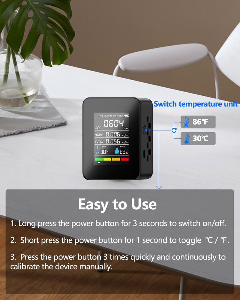 [Australia - AusPower] - Air Quality Monitor Indoor, Professional Portable CO2 Detector, TVOC HCHO Humidity Temperature Meter, Air Quality Tester Analyzer for Office Car 
