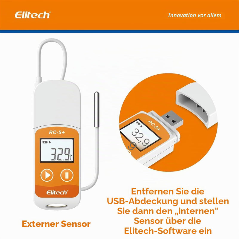 Elitech RC-5+ TE Temperature Data Logger Reusable Recorder 32000 Points PDF & CSV USB High Accuracy with Calibration Certificate Temperature Logger External Probe 1