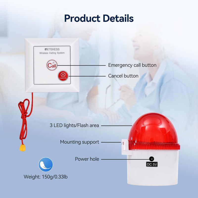 Retekess TH103P Caregiver Pager System, Wireless Alarm System, IP54 Waterproof, 200m/656ft Range, Rechargeable Emergency Call System Suitable for Seniors, Children, and Patients