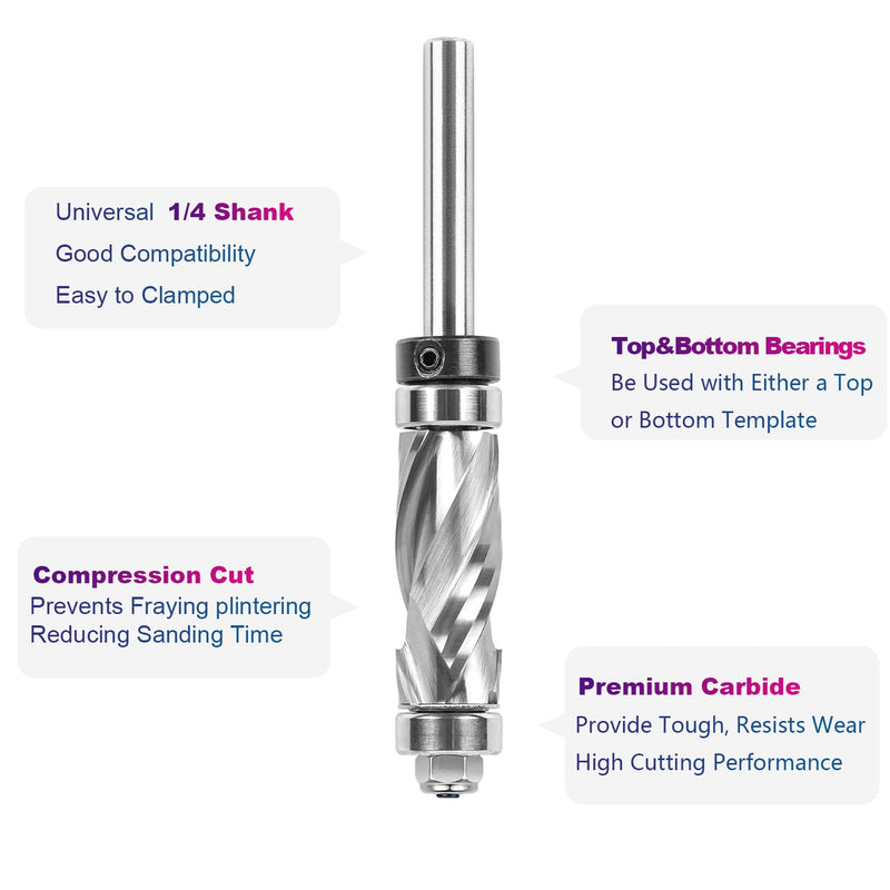 SpeTool Double Bearing Spiral Flush Trim Router Bit 1/4 Inch Shank 1/2 Inch Cutting Diameter, Extra Long Carbide Compression Flush Cut Pattern Bit with Top and Bottom Bearing for Woodworking Uncoated 1/2" Dia-1-1/4" CL-1/4" Shank
