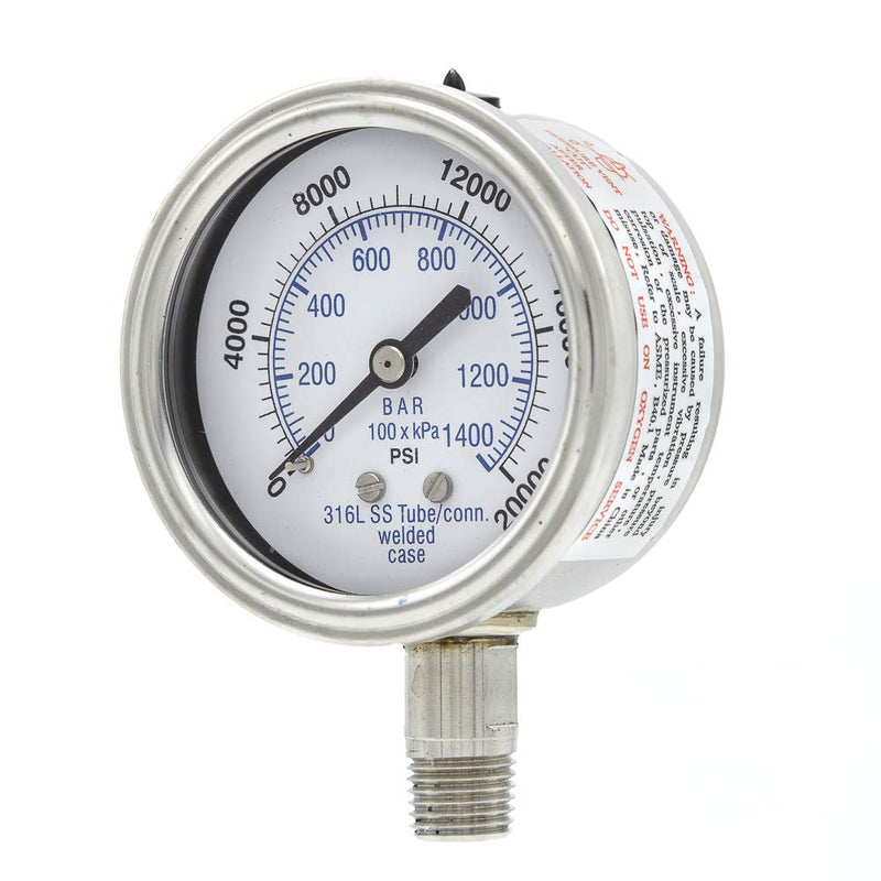 [Australia - AusPower] - PIC Gauges 301DFW-254W Bottom Mount Dry Pressure Gauge w/ SS Case/Internals/Bezel, PC Lens, 2.5" Dial, 0/20000 psi Range, 1/4" Male NPT 0 - 20,000 PSI 