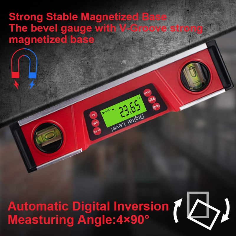 [Australia - AusPower] - Digital Level and Protractor, 10 Inch IP54 Protected Electronic Bubble Inclinometer Angle Finder Gauge with Large LED Backlight Display & Magnetized V-Groove Base Carrying Bag Included 
