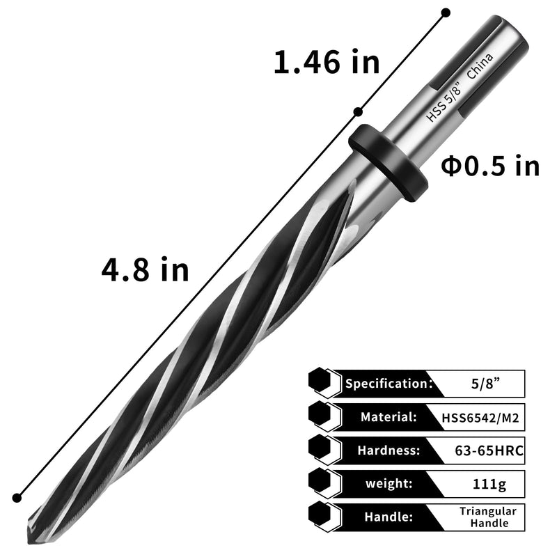 [Australia - AusPower] - 5/8” Reamer Drill Bit,M2 HSS Tapered Reamer Drill Bit for Metal Steel Wood Plastic,5/8” Bridge Construction Reamer with 1/2" Non-Slip Shank,5-Spiral Flutes Reamer Drill Bit to Align or Enlarge Holes 5/8” 