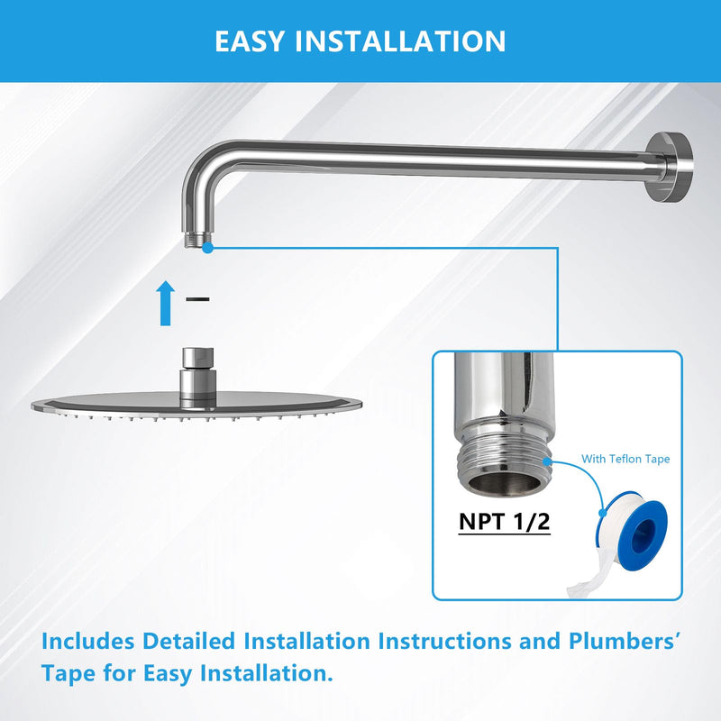Lordear Wall Mounted Shower Arm, 16 Inch Shower Pipe with Flange, 1/2 NPT Round Shower Stem for Shower Head, Chrome 16 Inch - Round