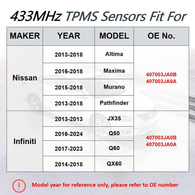 [Australia - AusPower] - TPMS Tire Pressure Sensors 433MHz Compatible with Nissan Altima 2013-2018 Murano 2015-2018 Pathfinder 2013-2018 Replaces# 407003JA0A 407003JA0B (4 PCS) 
